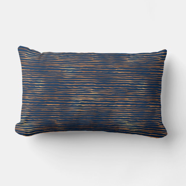 Navy Copper Metallic Modern Stripes Lumbar Cushion (Front)