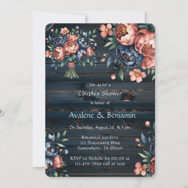 Navy & Copper Peony Wood Couples Shower Invitation (Front)