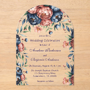 Navy & Copper Peony Wood Wedding Celebration Acrylic Invitations