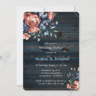 Navy & Copper Peony Wood Wedding Shower Invitation