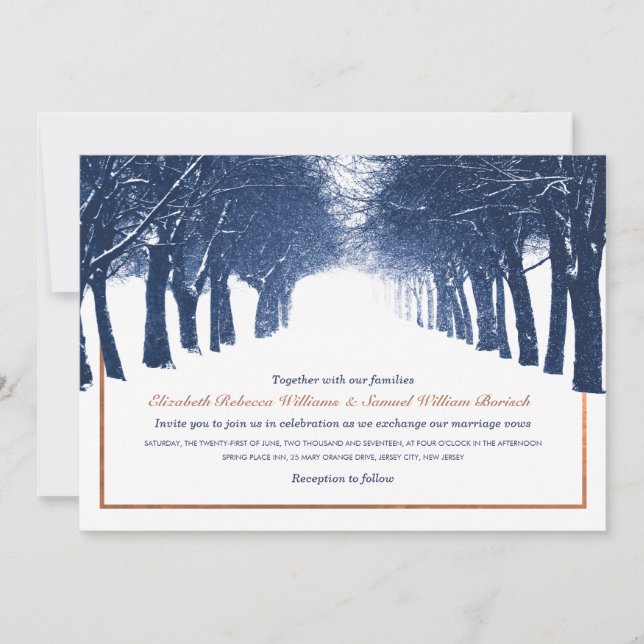 Navy Copper Winter Trees Avenue Wedding Invite (Front)