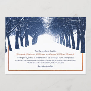 Navy Copper Winter Trees Avenue Wedding Invite