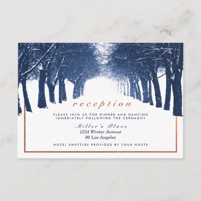 Navy Copper Winter Trees Avenue Wedding Reception Enclosure Card (Front)