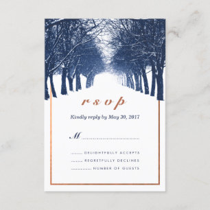 Navy Copper Winter Trees Avenue Wedding RSVP Card