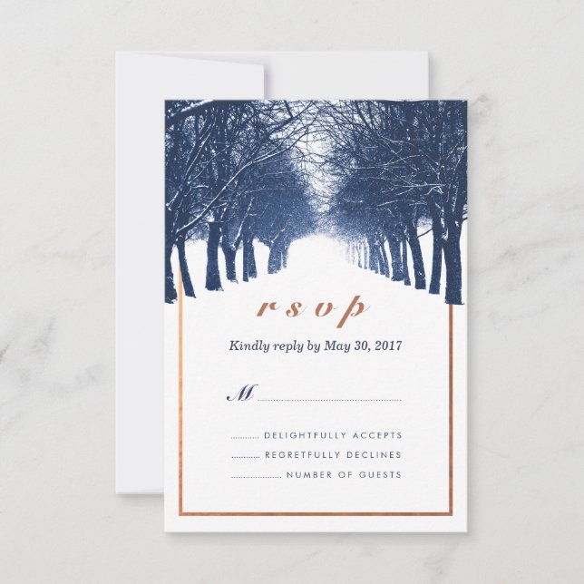 Navy Copper Winter Trees Avenue Wedding RSVP Card (Front)