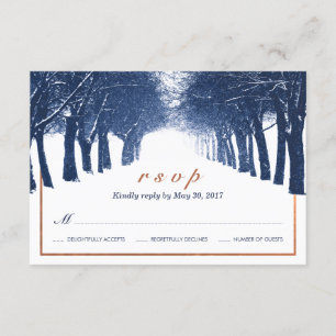 Navy Copper Winter Trees Avenue Wedding RSVP Card