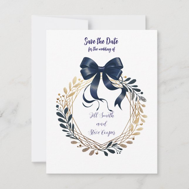 Navy Coquette Bow and Wreath Save the Date (Front)