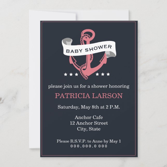 Navy Coral Anchor Baby Shower Invitation (Front)