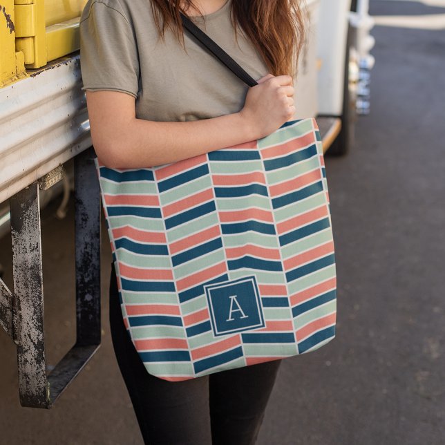 Navy, Coral and Aqua Herringbone Monogram Tote Bag (Creator Uploaded)