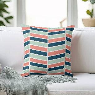Navy, Coral and Aqua Herringbone Pattern Cushion