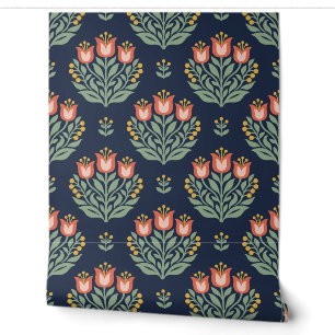 Navy, Coral and Sage Tulip Bouquet Floral Wallpaper