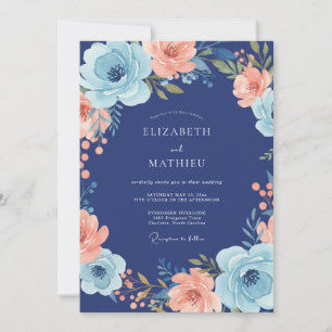 Navy Coral Bloom Wedding Invitation