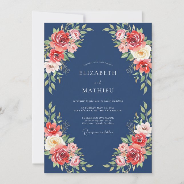 Navy Coral Blossom Flourish Wedding Invitation (Front)