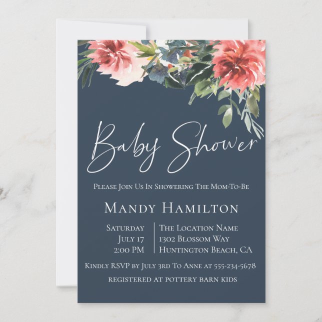 Navy Coral Botanical Baby Shower Invitation (Front)