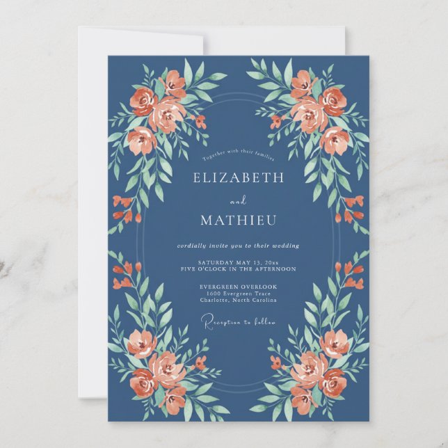 Navy Coral Botanical Flourish Wedding Invitation (Front)