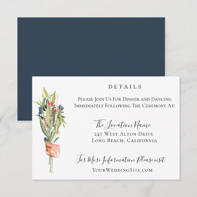 Navy Coral Botanical Wedding Details Invitation (Front/Back)