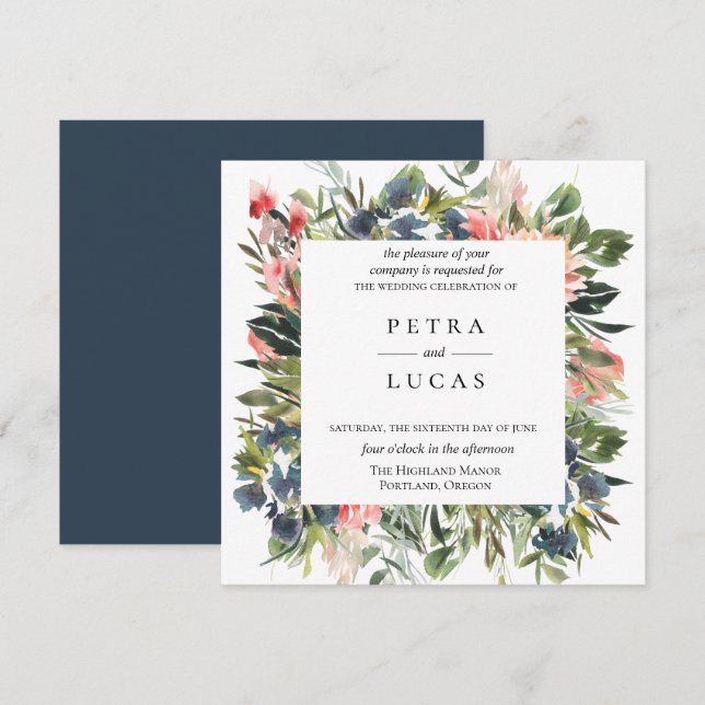 Navy Coral Botanical Wedding Invitation (Front/Back)