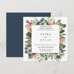 Navy Coral Botanical Wedding Invitation