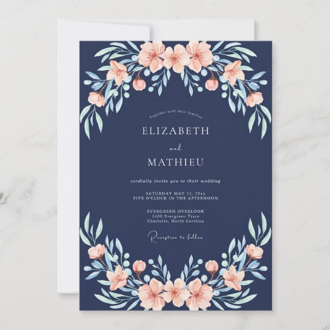 Navy Coral Botanical Wedding Invitation (Front)
