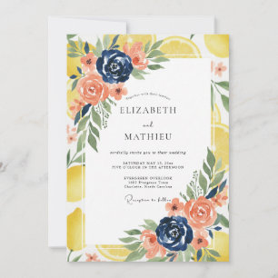 Navy Coral Citrus Eucalyptus Wedding Invitation