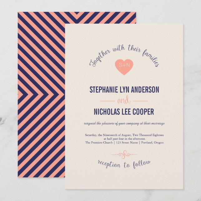 Navy coral curve love heart wedding invitation (Front/Back)