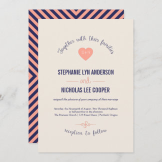 Navy coral curve love heart wedding invitation