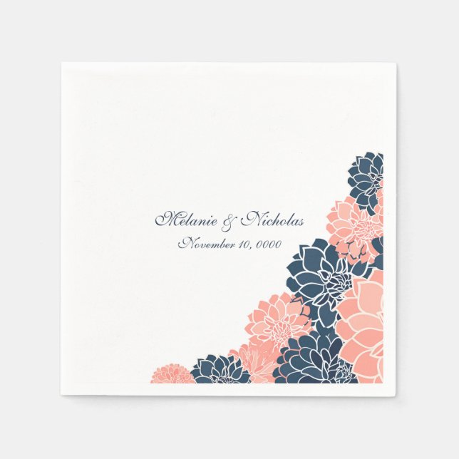 Navy Coral Dahlias wedding or bridal shower napkin (Front)