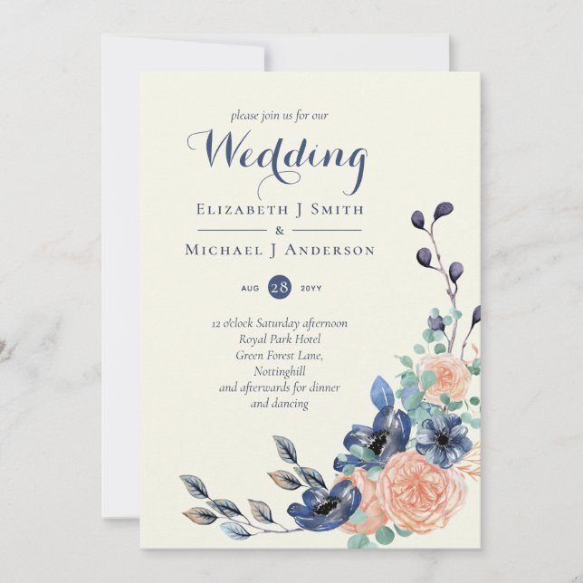 Navy Coral Elegance - Floral Wedding Invitations (Front)