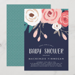Navy & Coral Floral Baby Shower Invite