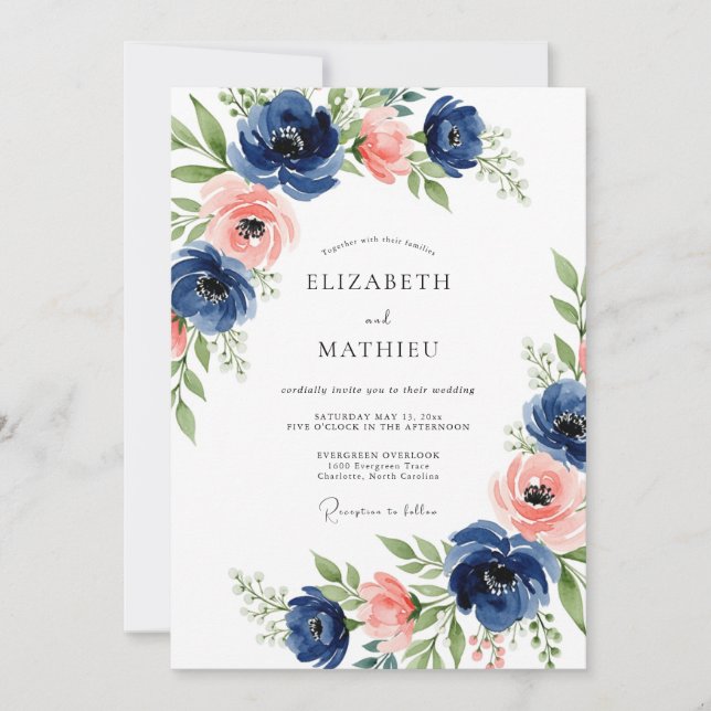 Navy Coral Floral Bliss Wedding Invitation (Front)
