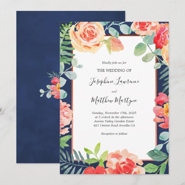 Navy Coral Floral Bloom Wedding Invitation (Front/Back)
