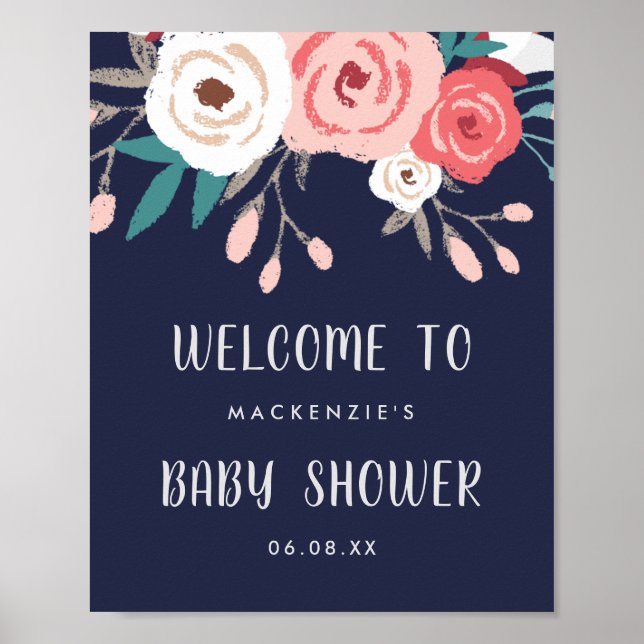 Navy & Coral Floral Bouquet Baby Shower Welcome Poster (Front)