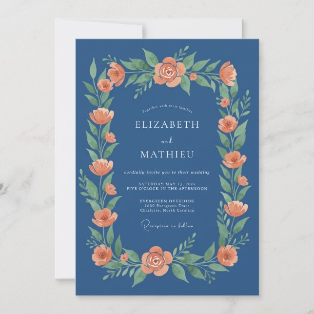Navy Coral Floral Garland Wedding Invitation (Front)