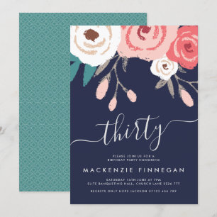 Navy & Coral Floral Thirtieth Birthday Party Invitation