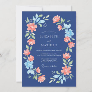 Navy Coral Floral Wedding Invitation