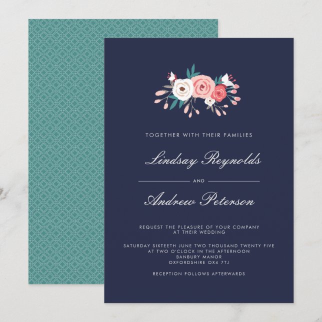 Navy & Coral Floral Wedding Invitation (Front/Back)