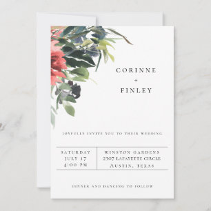 Navy Coral Floral Wedding Invitation