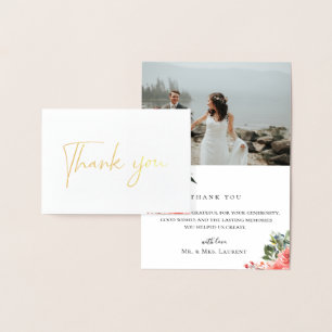 Navy Coral Floral Wedding Photo Thank You Card