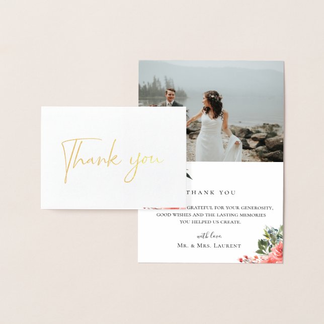 Navy Coral Floral Wedding Photo Thank You Card (Display)