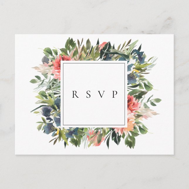 Navy Coral Floral Wedding RSVP Song Request Invitation Postcard (Front)