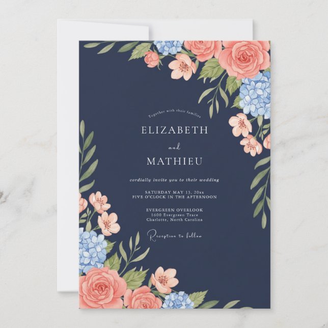 Navy Coral Foliage Eucalyptus Wedding Invitation (Front)