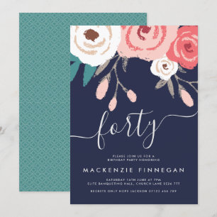 Navy & Coral Fortieth Birthday Party Invitation