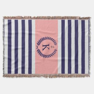 Navy Coral Nautical Stripes Personalised Monogram Throw Blanket