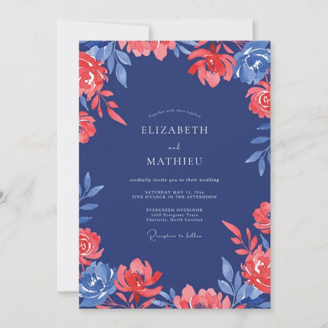 Navy Coral Painted Wedding Invitation (Front)