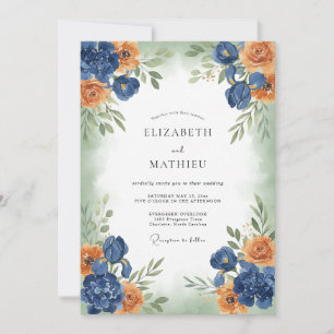 Navy Coral Painterly Bloom Wedding Invitation
