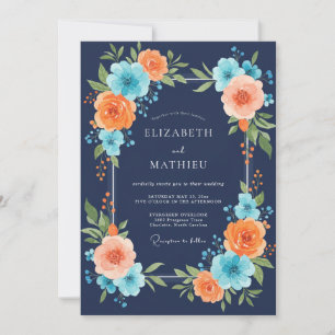 Navy Coral Peony Wedding Invitation
