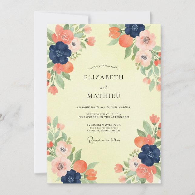 Navy Coral Poppy Wedding Invitation (Front)