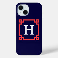Navy, Coral Red Greek Key Frame #2 Init Monogram