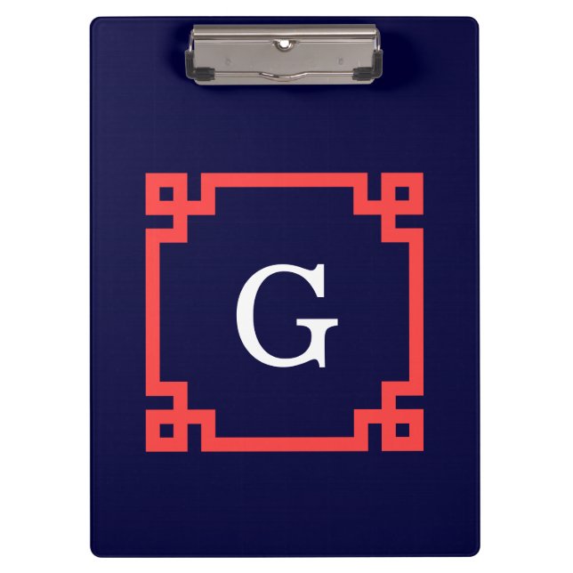 Navy, Coral Red Greek Key Frame #2 Init Monogram Clipboard (Front)
