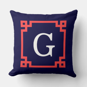 Navy, Coral Red Greek Key Frame #2 Init Monogram Cushion